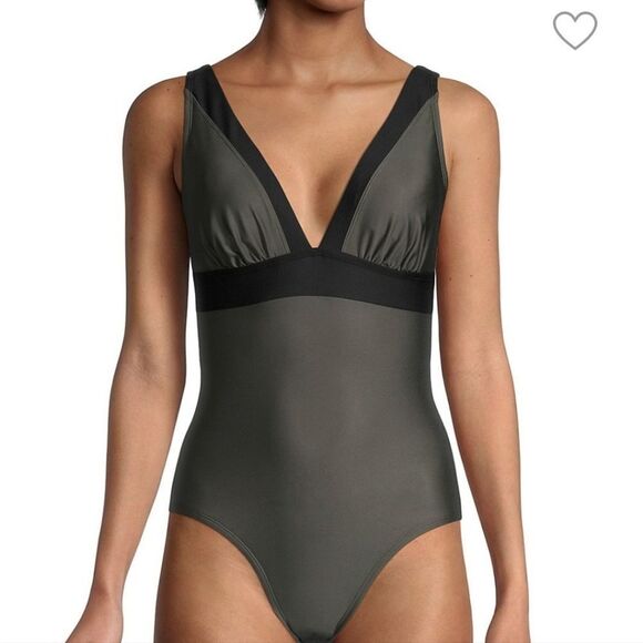 DKNY Black Contrast-Trim olive Army Green Women's  One-Piece Swimsuit sz 10 - Picture 1 of 8